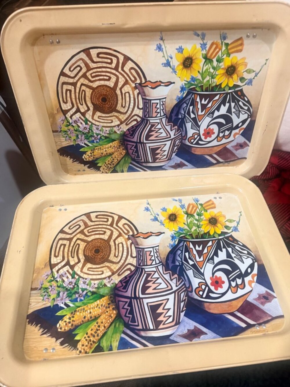 vintage Ponomarenko metal lap TV tray features a Southwestern scene with Native